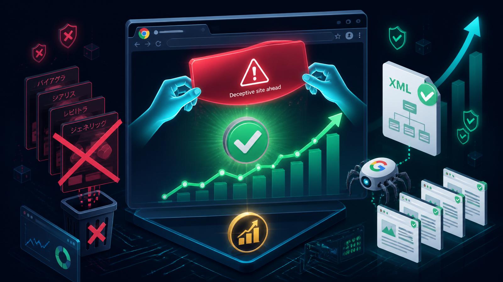 Isometric illustration of a Chrome browser with the red "Deceptive site ahead" warning being lifted, revealing a rising organic traffic graph, with cloaked Japanese pharma spam pages crossed out and a clean XML sitemap next to Googlebot — Google blacklist removal case study.