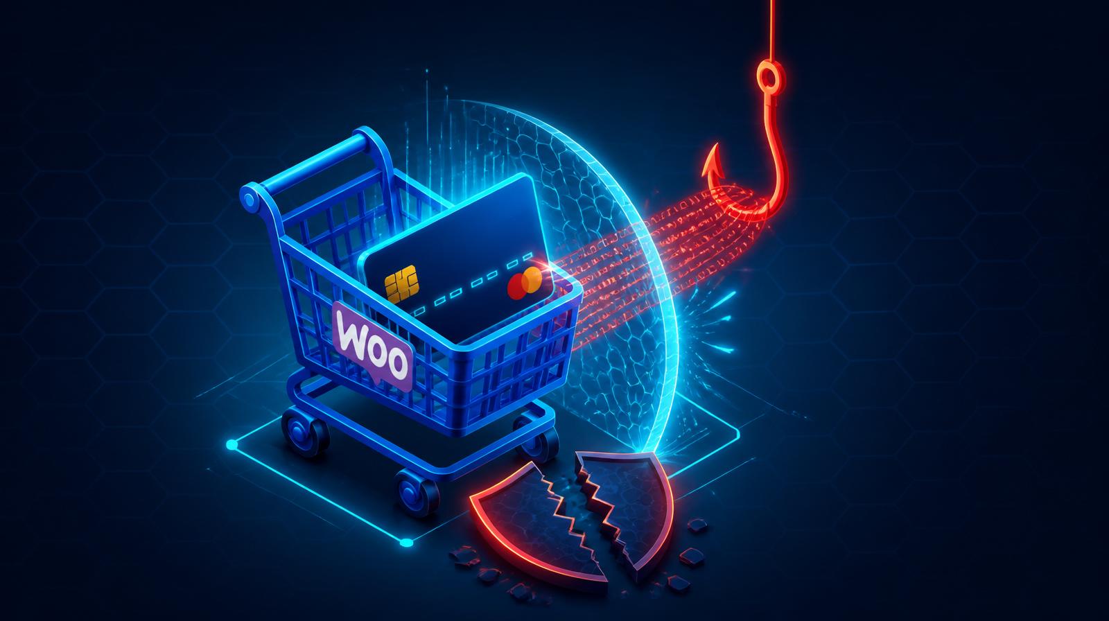 Isometric illustration of a WooCommerce shopping cart with a credit card being intercepted by a red malicious skimmer hook, shielded by a cyan protective barrier — WordPress e-commerce malware removal case study.