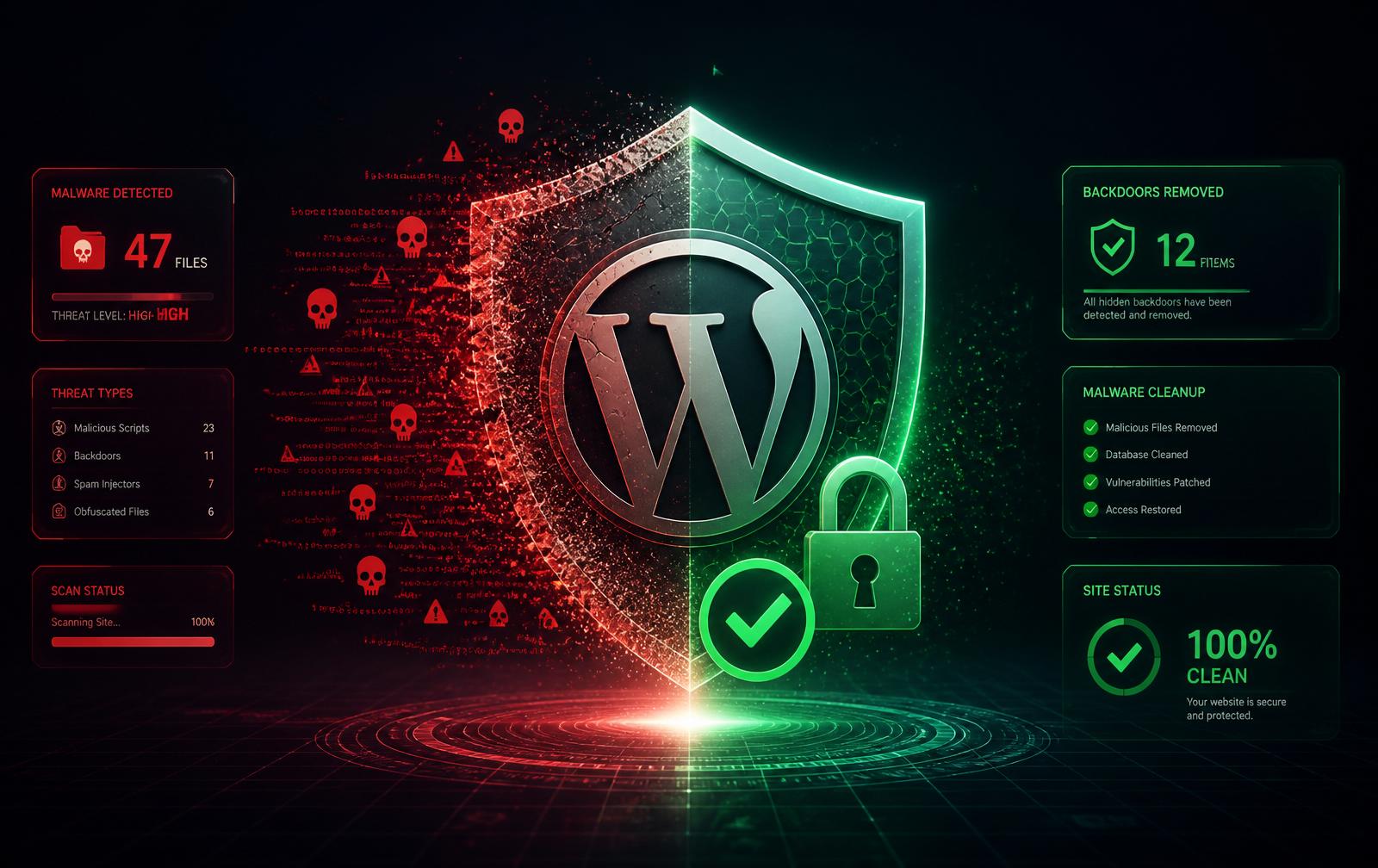Before vs. After — Infected Site → Clean Bill of Health — WordPress Malware Removal before screenshot (Step 1 of 2) | Malware Remove Expert