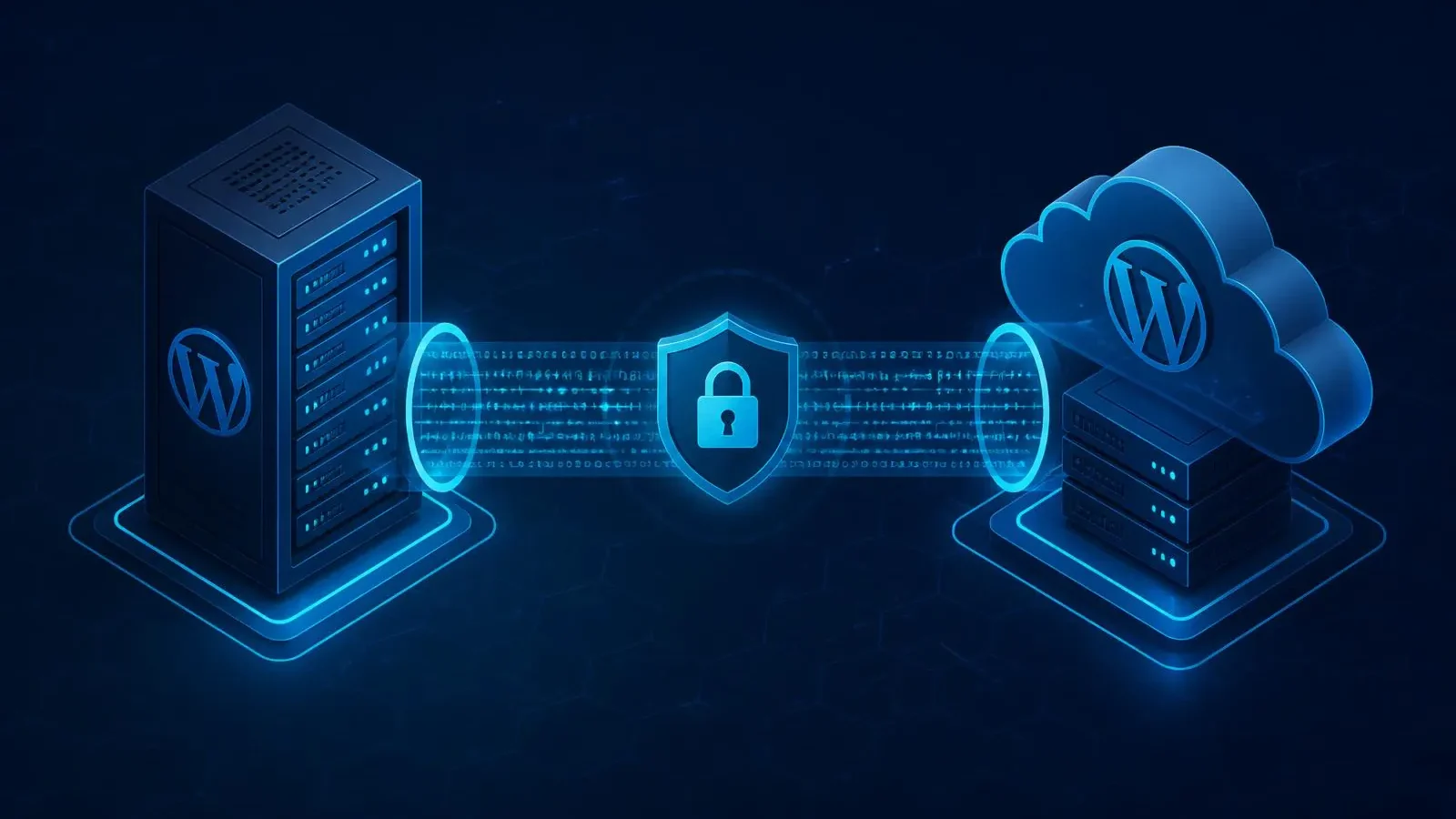 WordPress website migration hero, isometric cybersecurity illustration