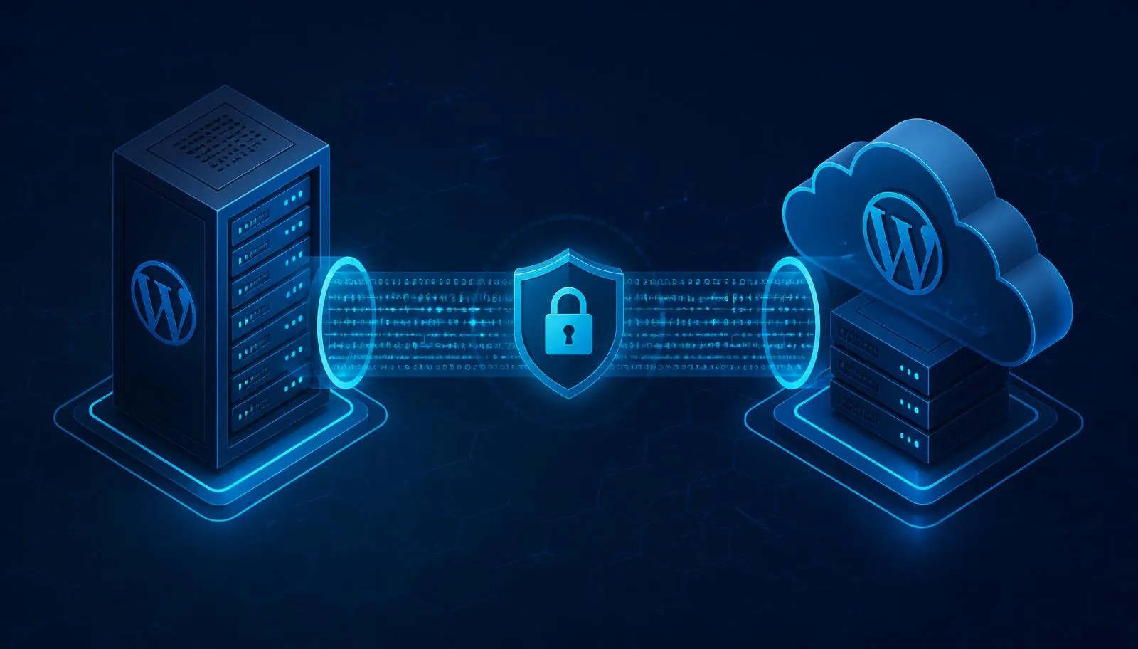 WordPress website migration hero, isometric cybersecurity illustration